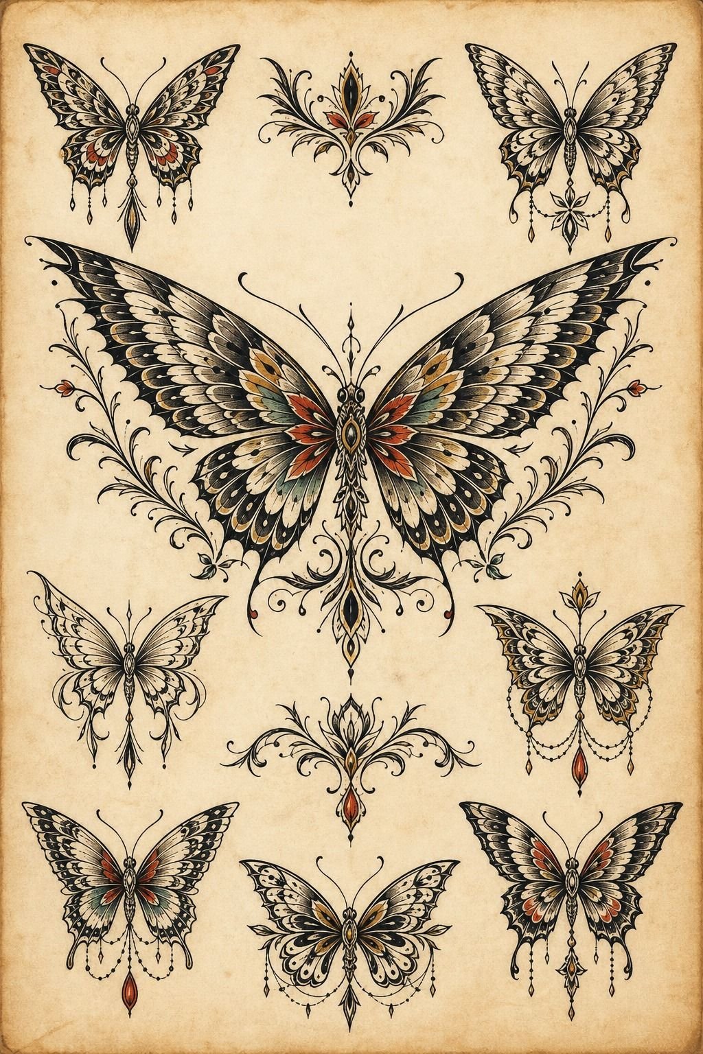 Symmetrical Chest Butterfly Tattoo Stencil