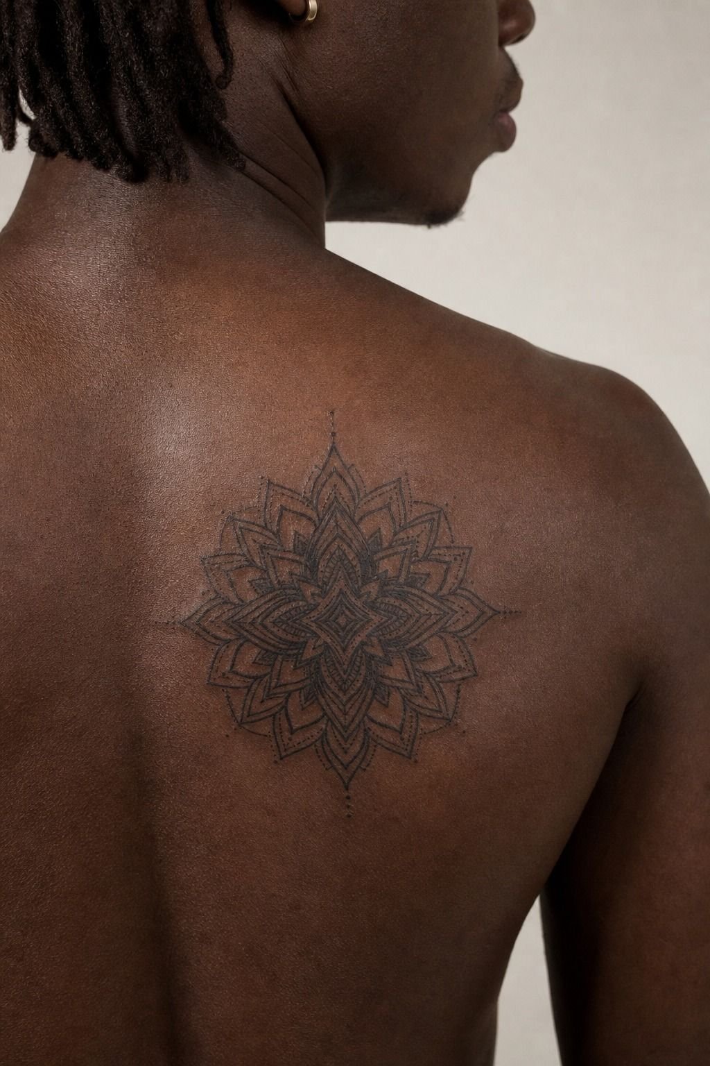 I Placed The Mandala Between Shoulder Blades (Deep Ebony Skin, Healed Look)