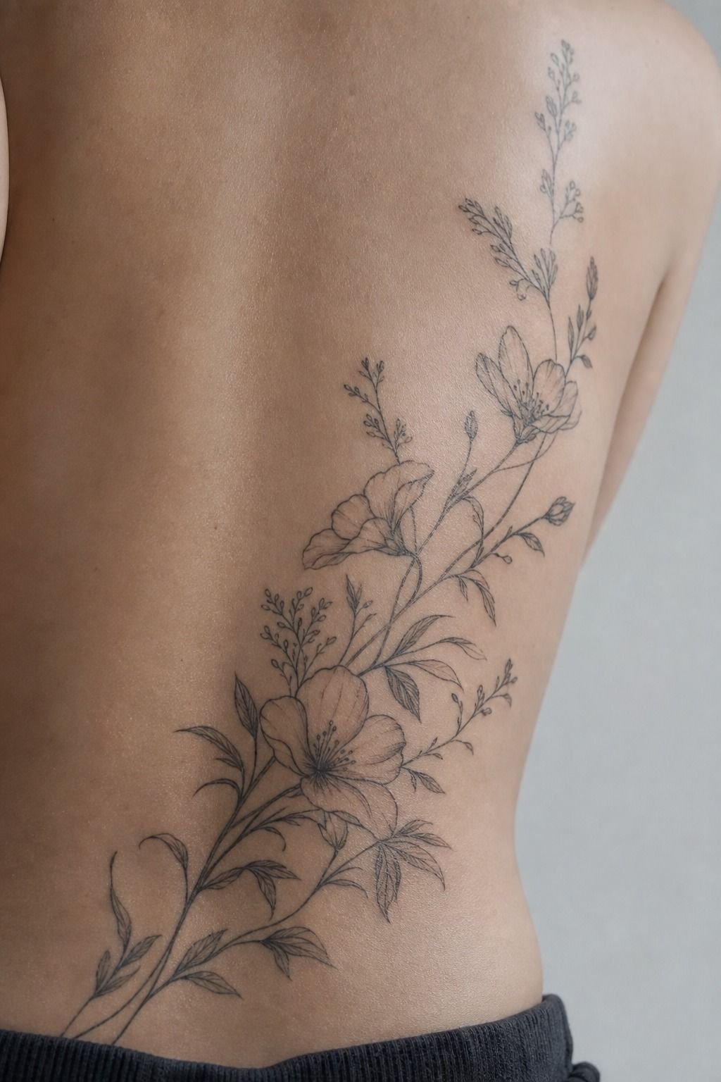 Side Swept Lower Back Floral Tattoo