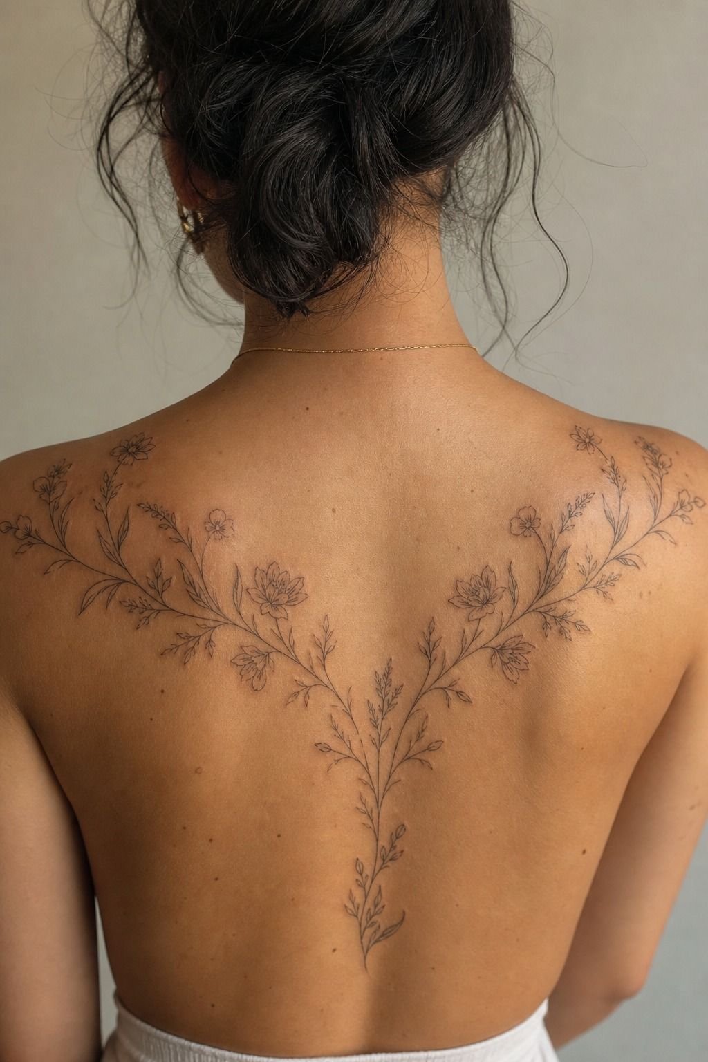 Fine Line Birth Flower Back Tattoo