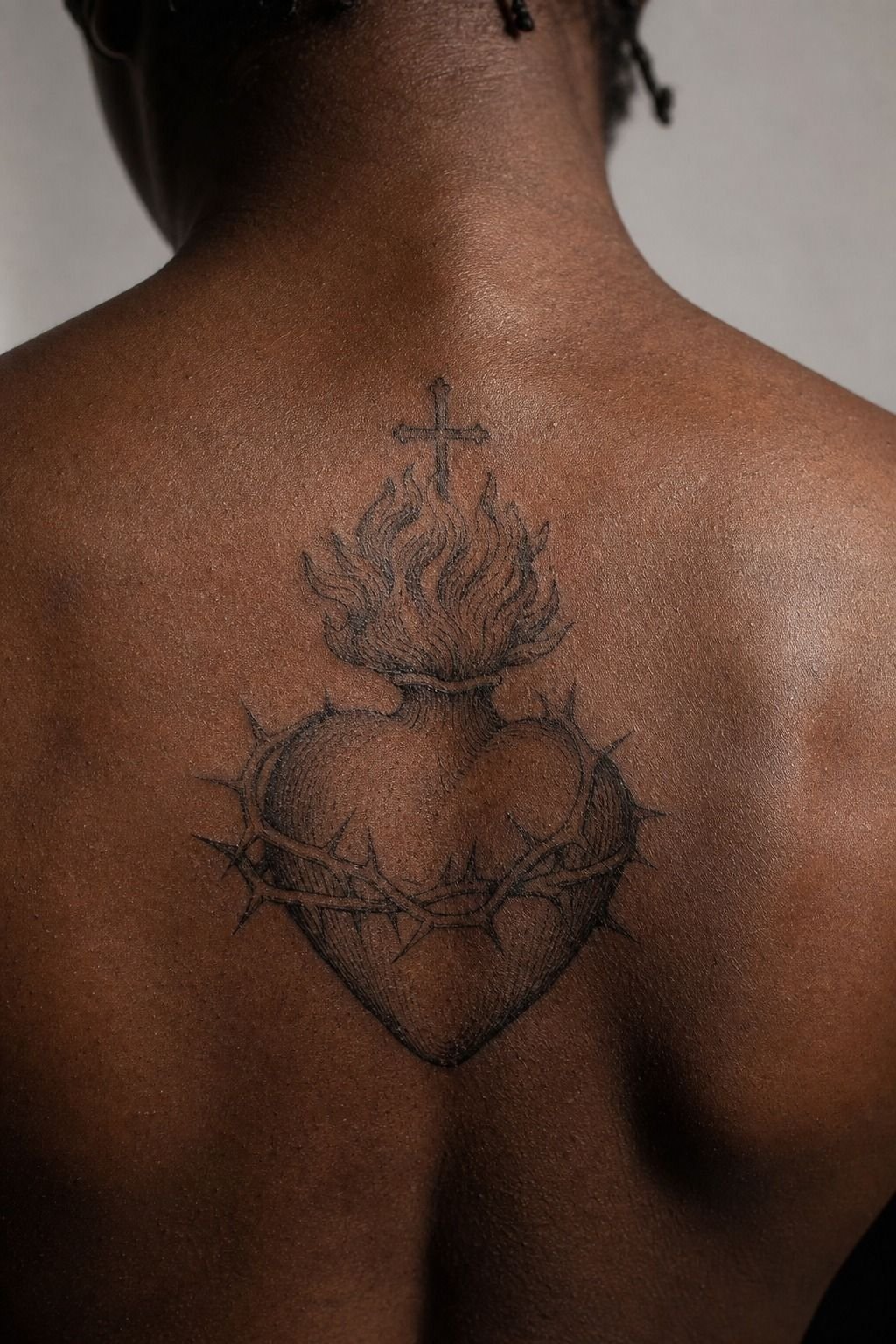 Tiny Sacred Heart Back Tattoo