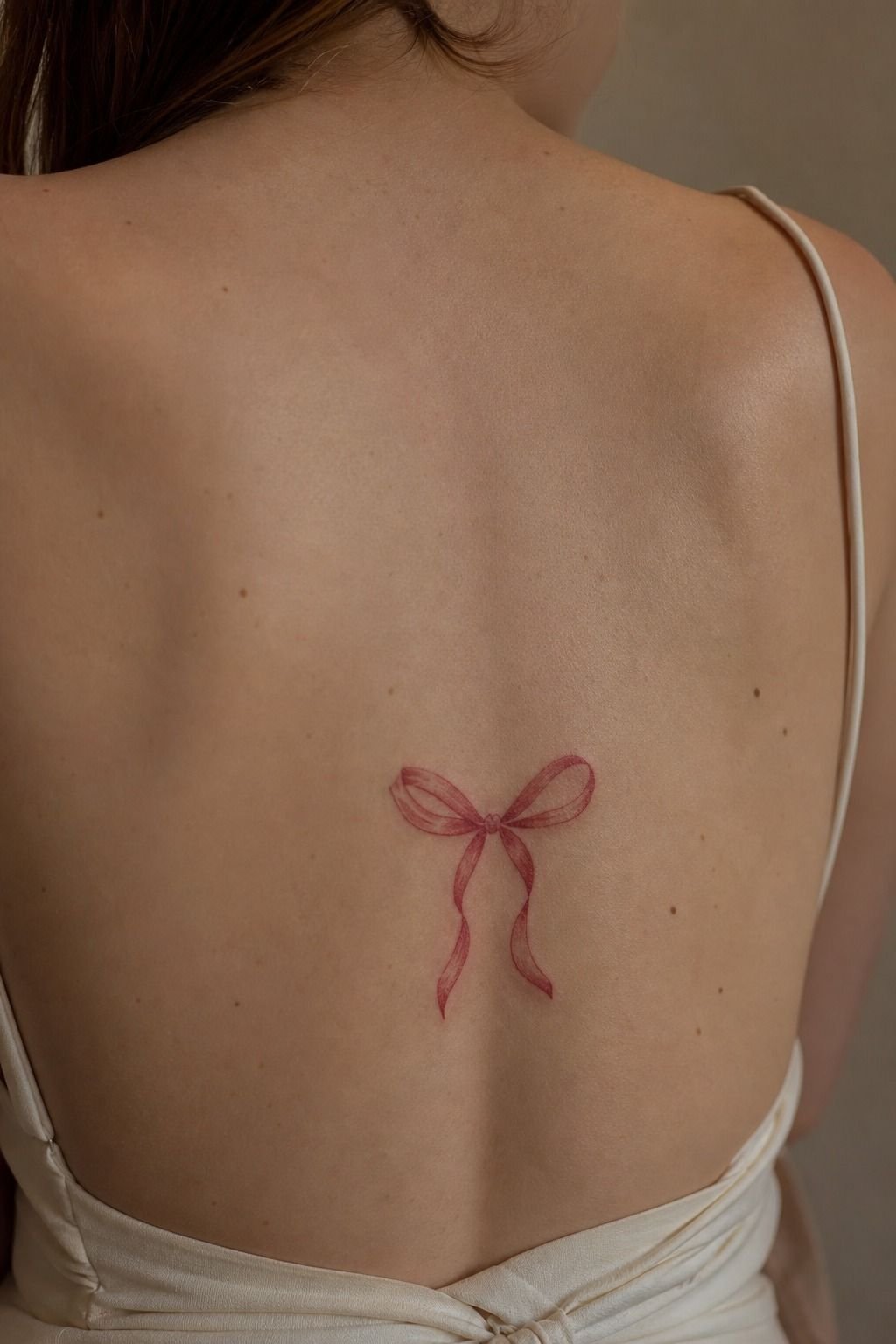 Red Ink Lower Back Bow Tattoo