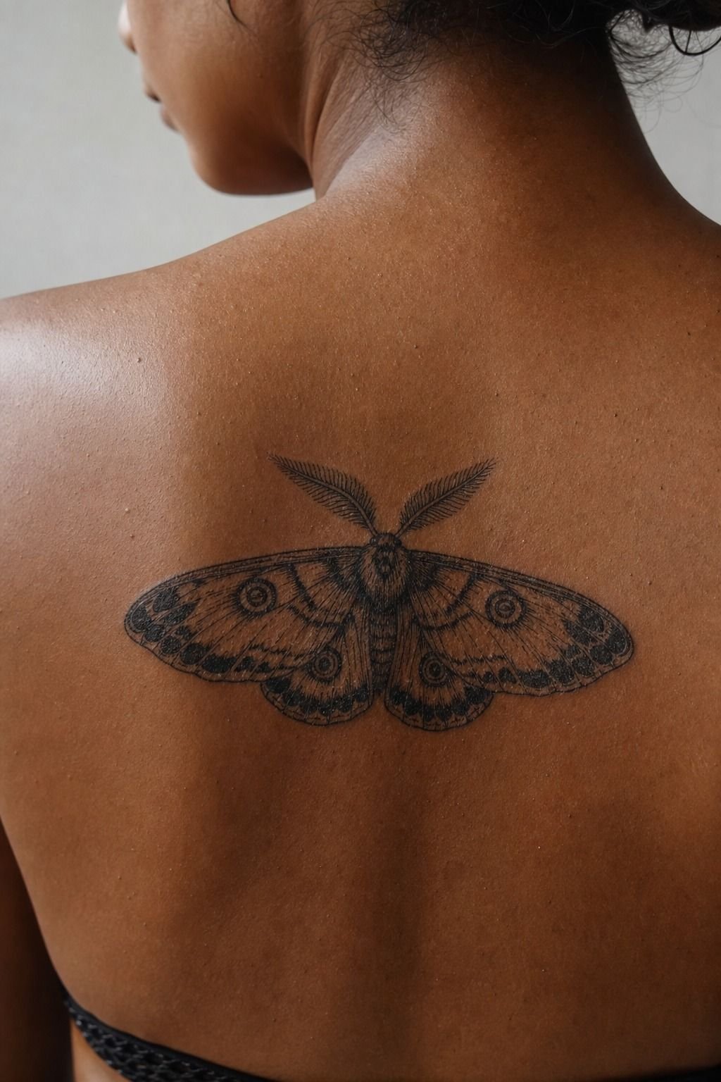 Small Blackwork Moth Back Tattoo