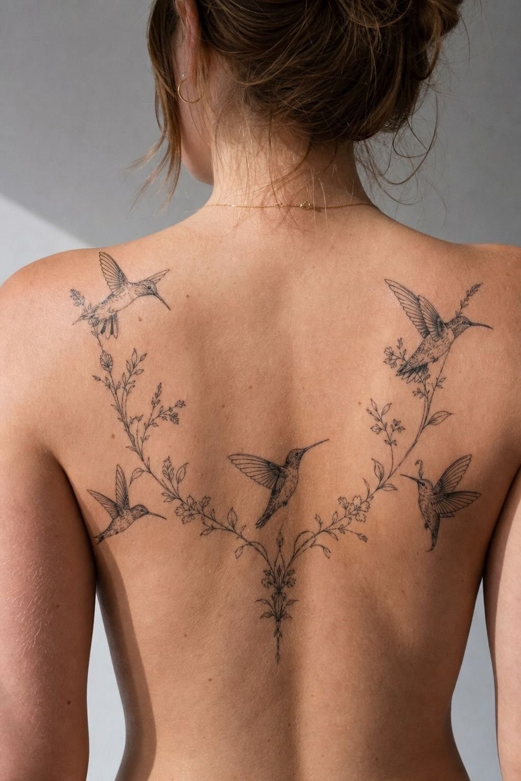 Fine Line Hummingbird Back Tattoo