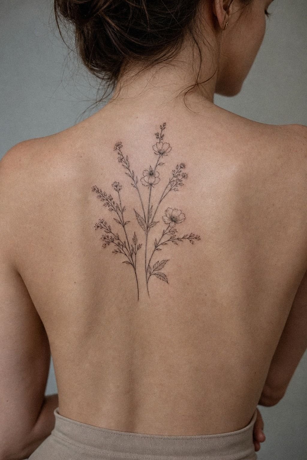 Fine Line Floral Above Knee Tattoo