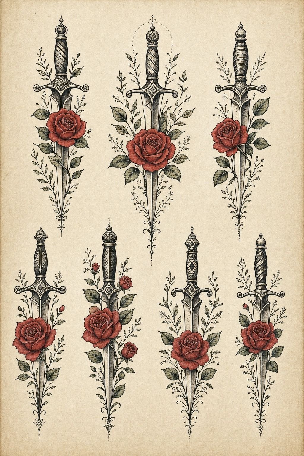 Dagger Above Knee Tattoo With Roses