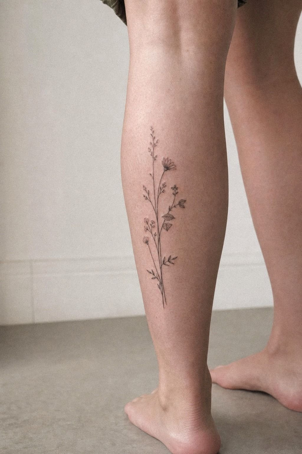 Fine Line Floral Calf Tattoo For Women