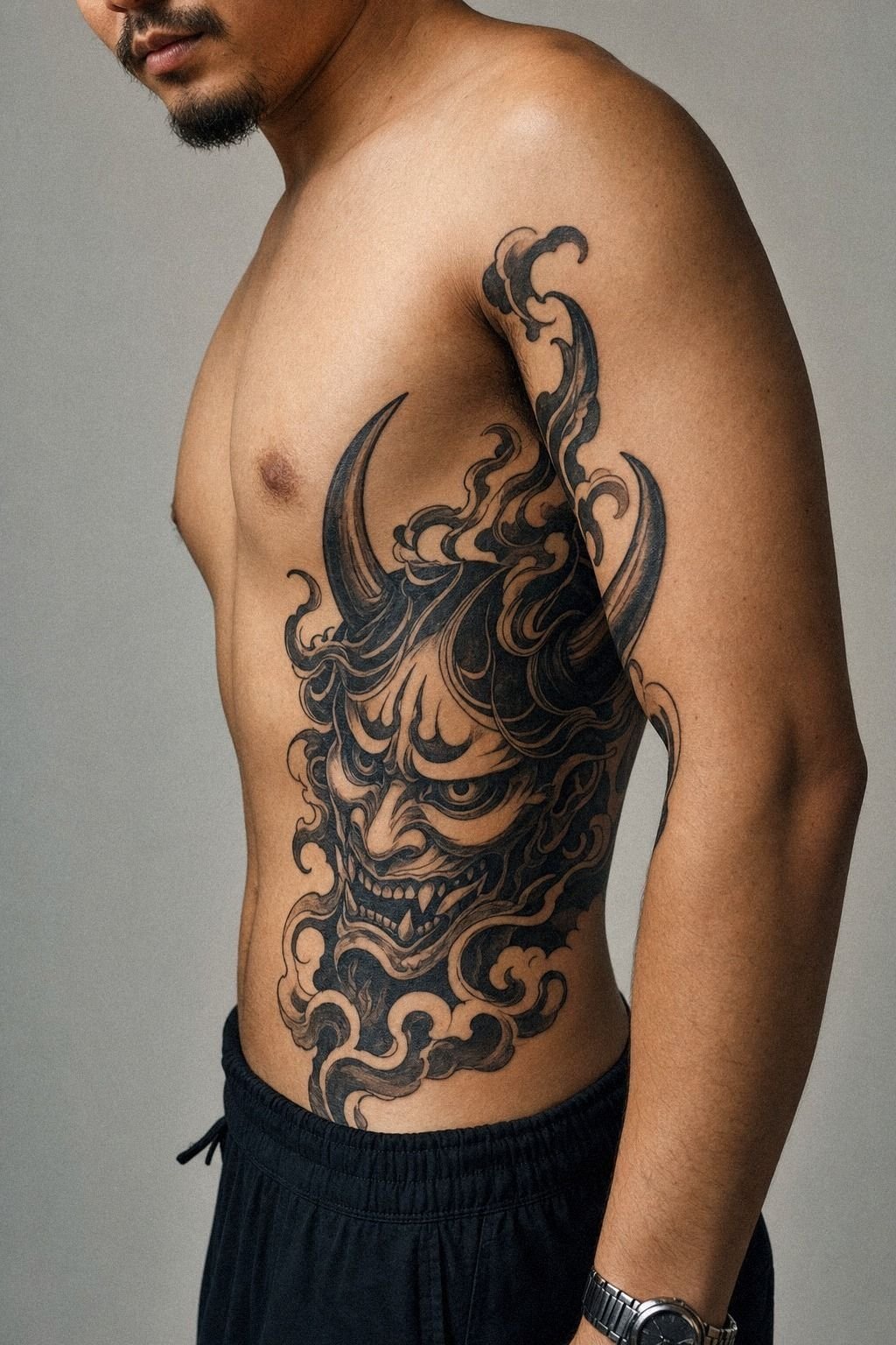 Blackwork Oni Tattoo With Heavy Horns