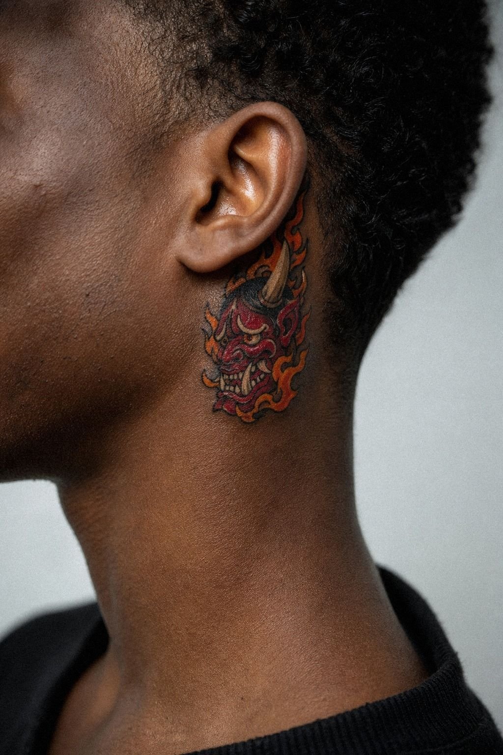 Neo Traditional Oni Tattoo With Flames