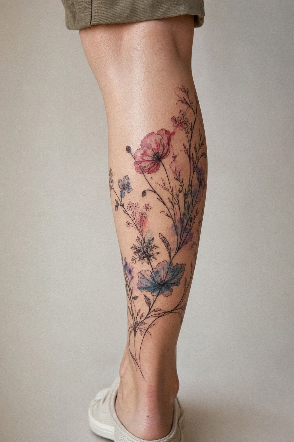 Watercolor Wildflower Calf Tattoo With Linework