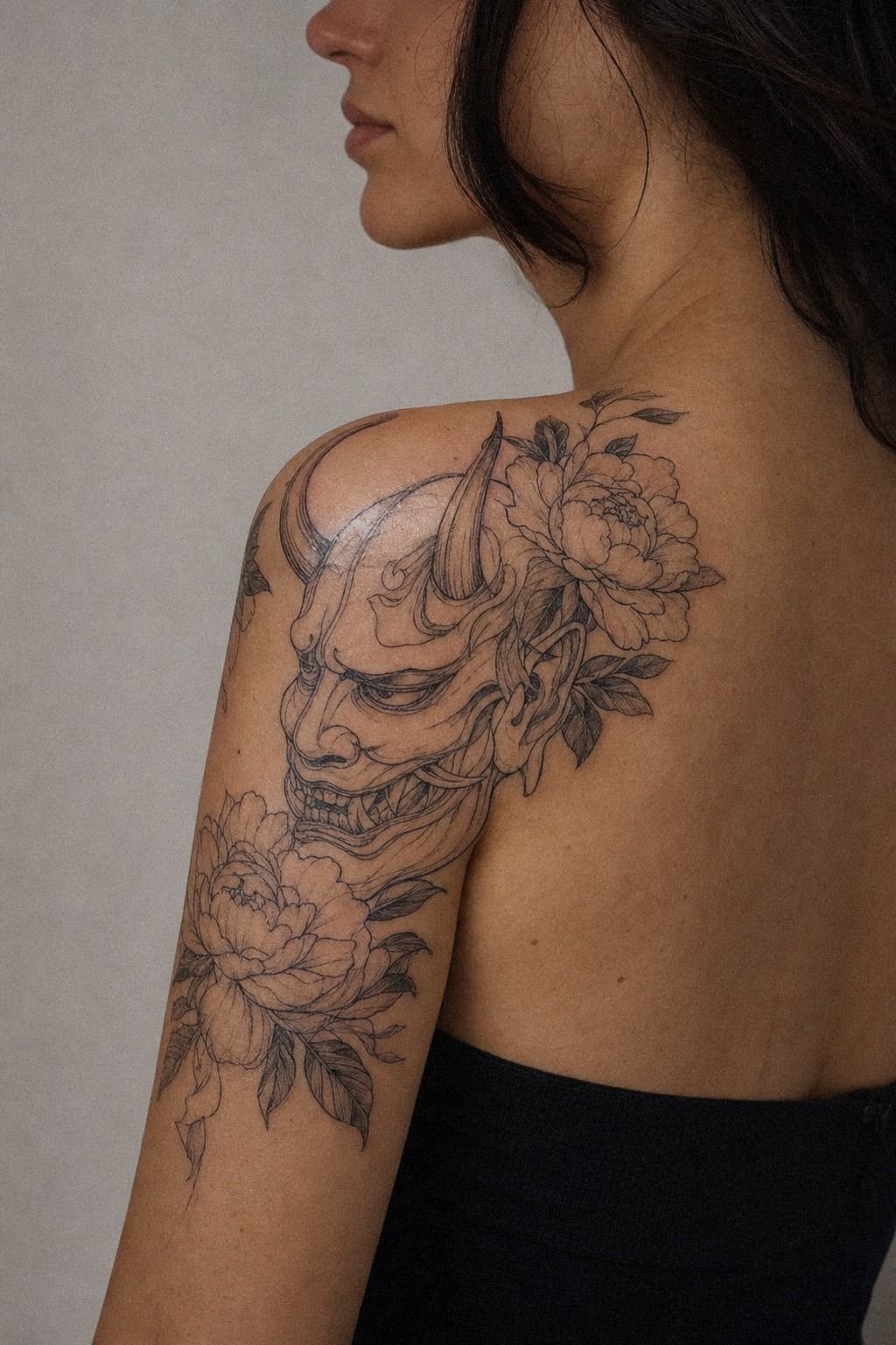 Oni Tattoo Shoulder Cap With Peonies