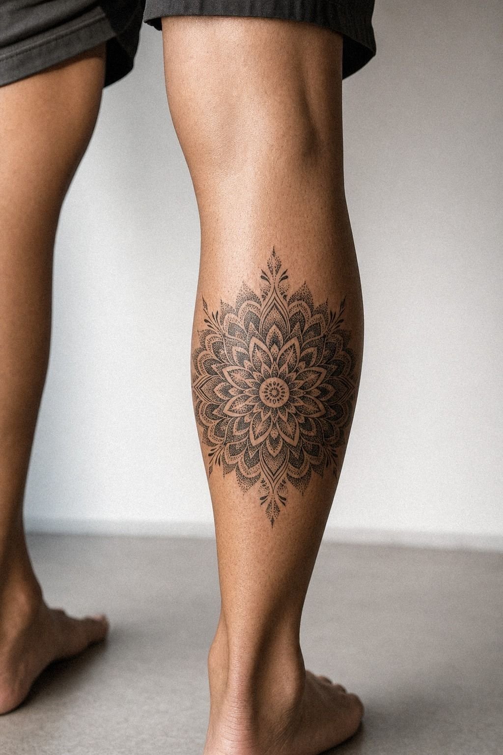 Mandala Calf Tattoo With Clean Dotwork