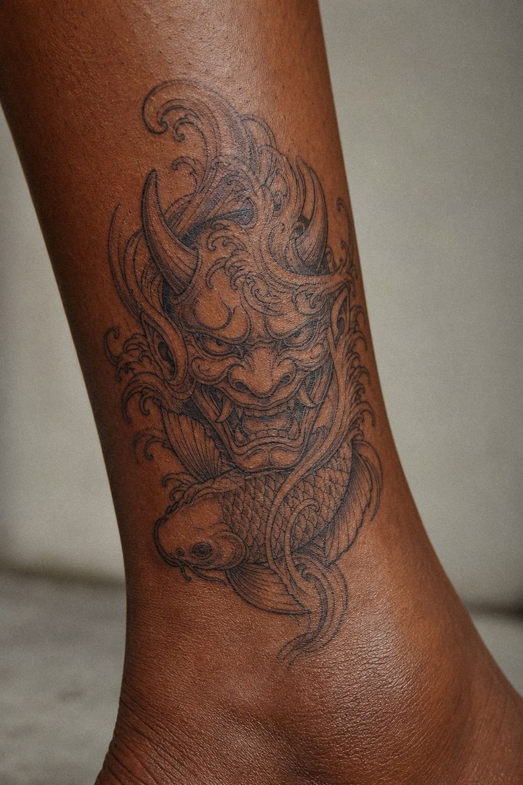Oni Tattoo With Koi Fish Movement