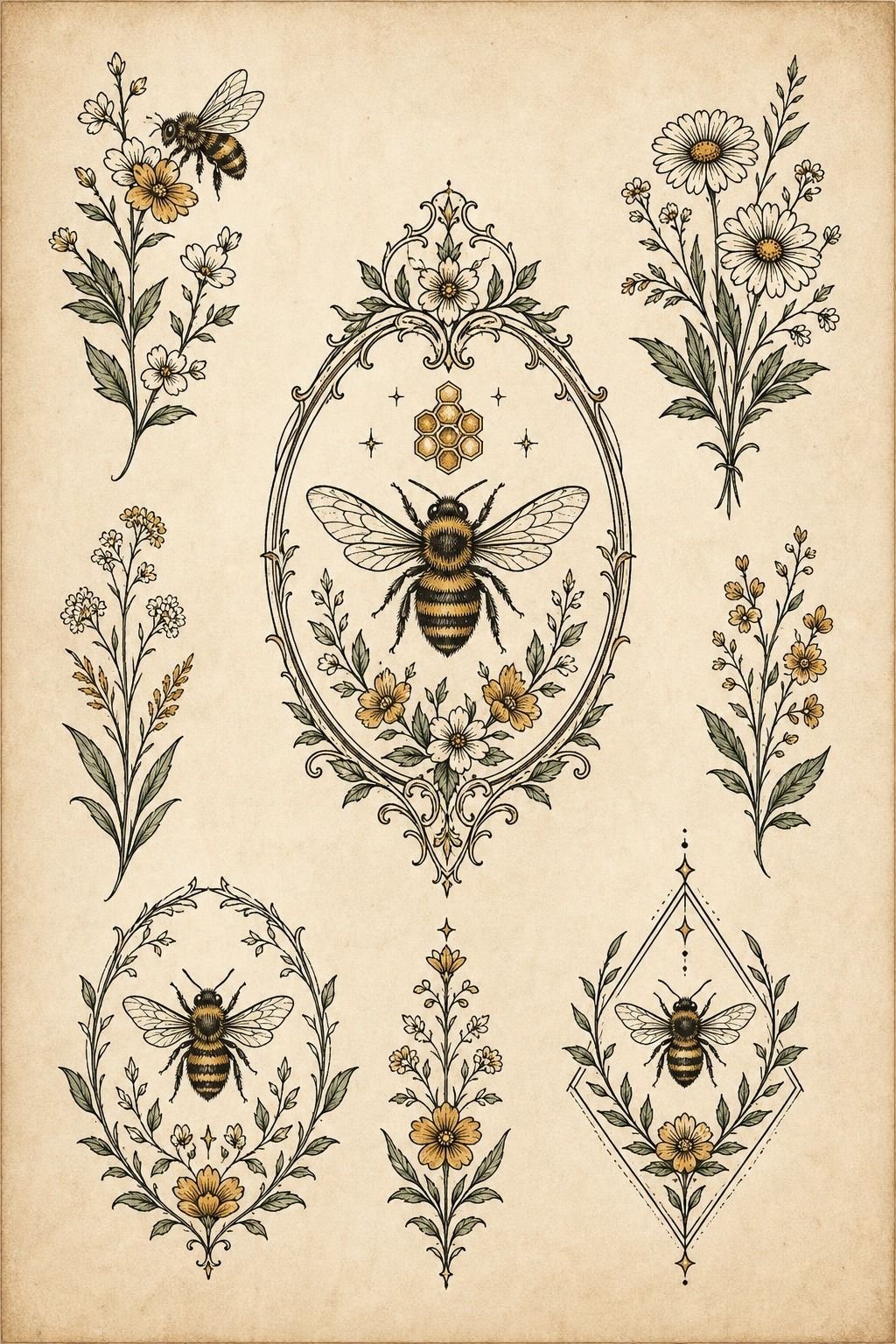 Frame A Honeybee Tattoo With Floral Linework