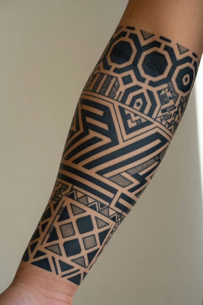 Blackwork Sleeves Built From Bold Geometric Shapes