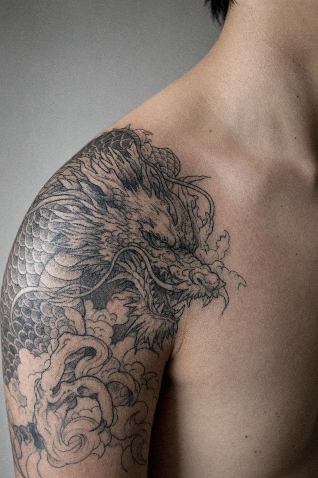 Tebori Style Dragon Shoulder Tattoo