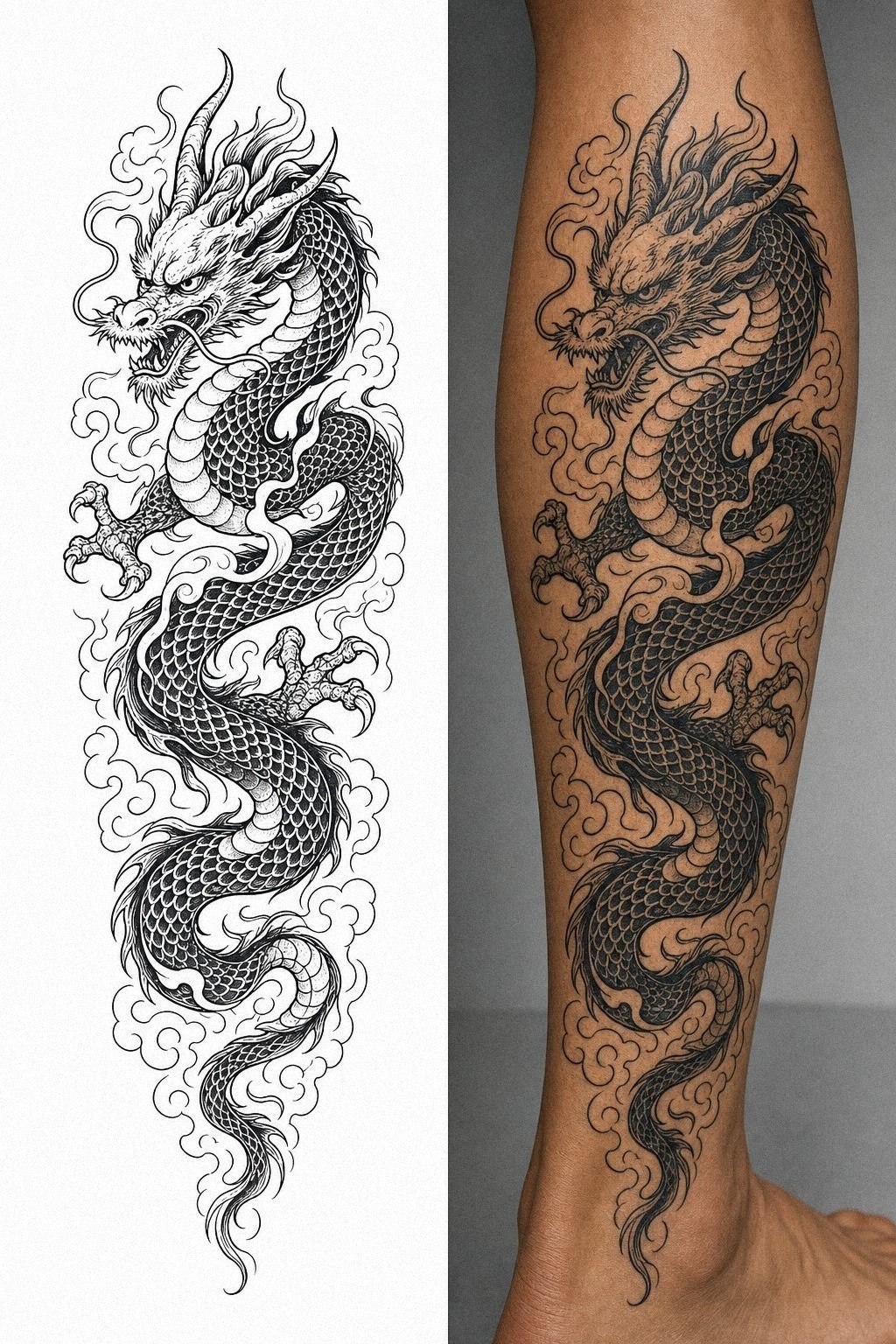 Blackwork Japanese Dragon Calf Tattoo