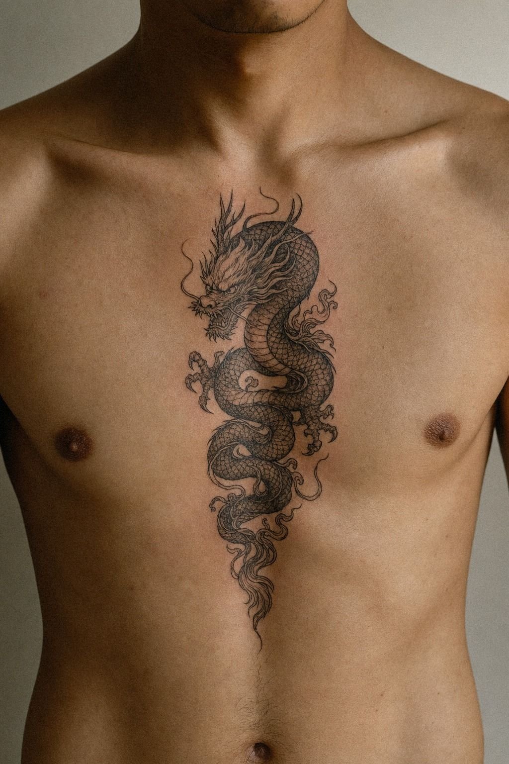 Balance a Coiled Dragon Sternum Tattoo