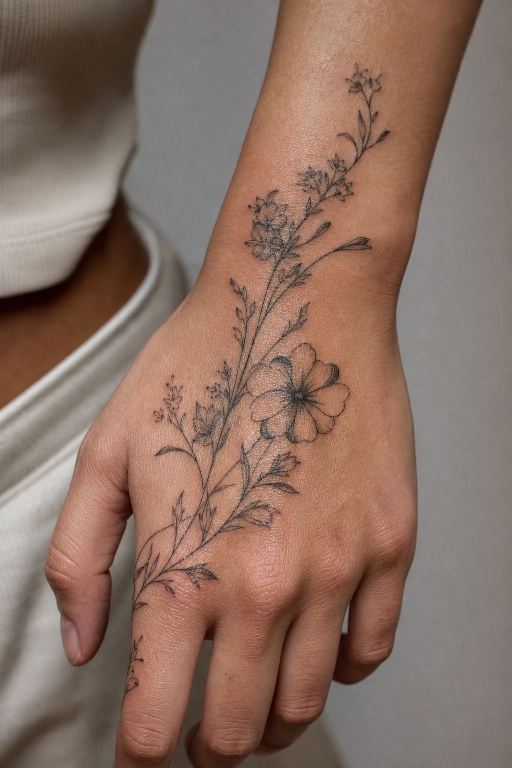 Pick a fine-line bouquet that trails across your knuckles