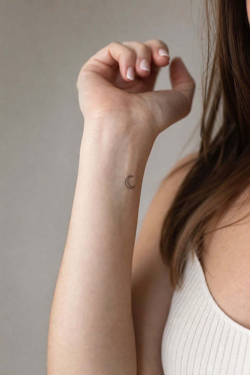 Fine Line Crescent Moon Wrist Tattoo