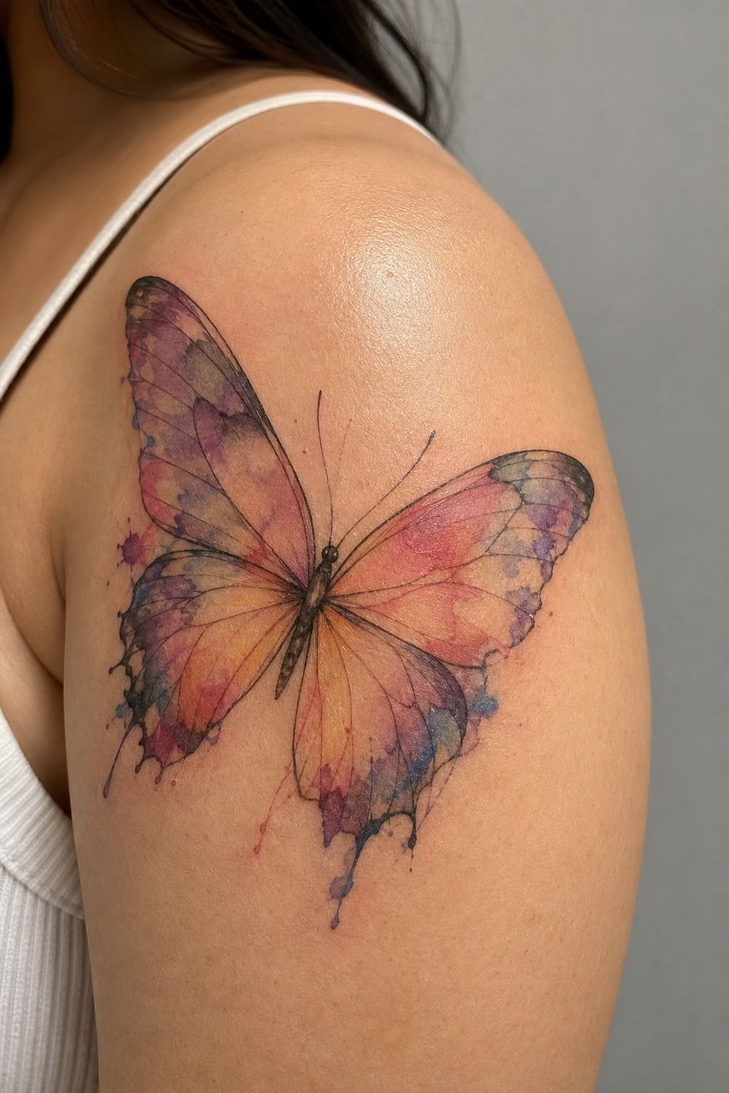 Let A Soft Watercolor Butterfly Tattoo Flow On The Shoulder