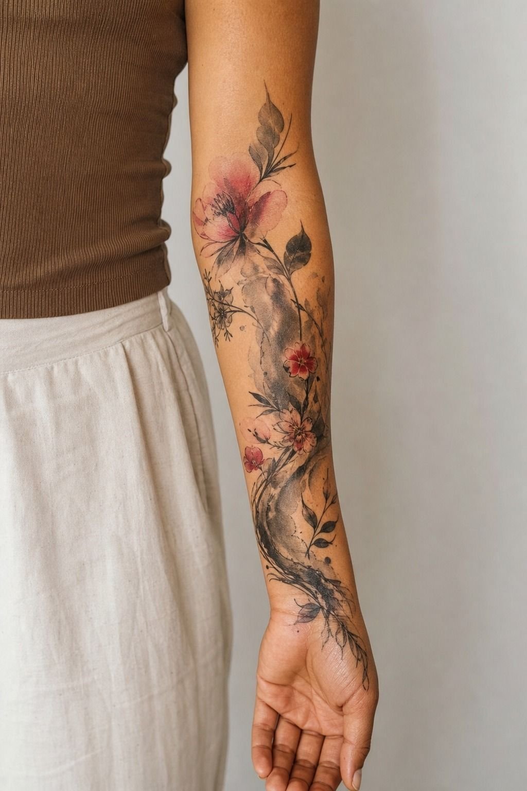 Map A Watercolor Sleeve Tattoo With Ink Wash Florals