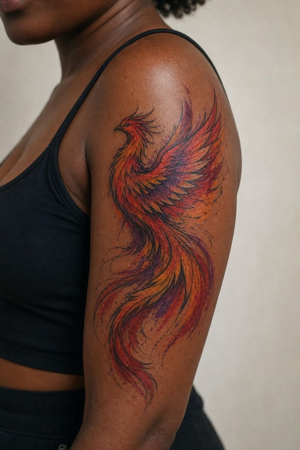 Push A Watercolor Phoenix Tattoo With Bold Black Linework