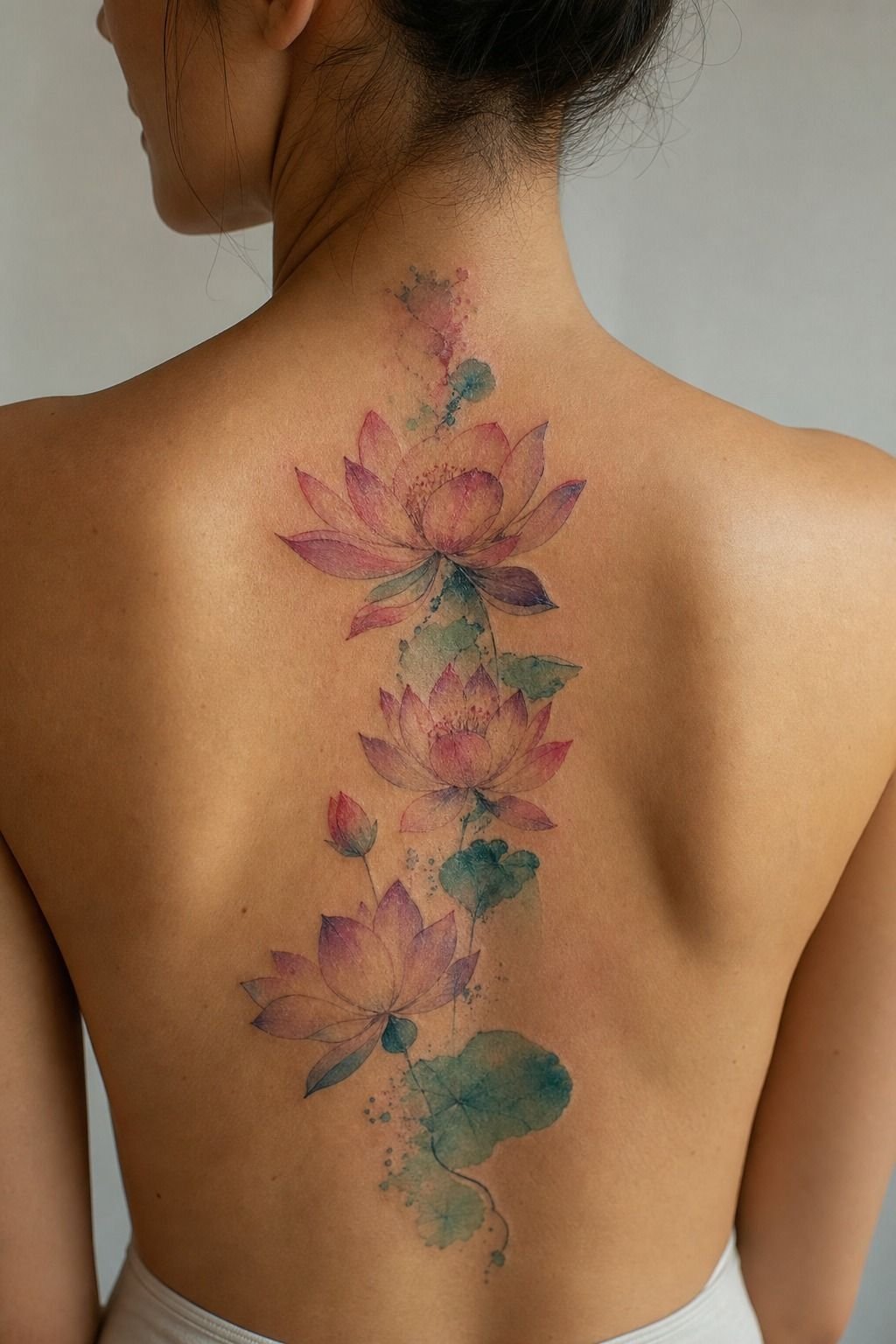 Center A Watercolor Lotus Tattoo Along The Spine