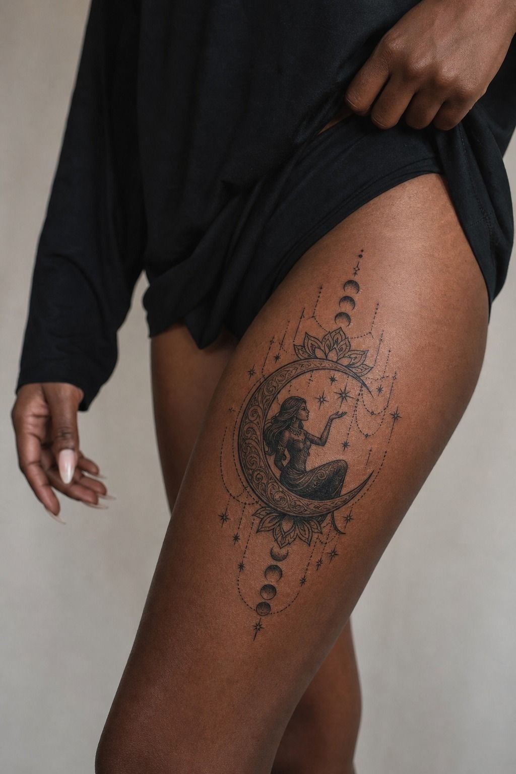 Artemis Energy in an Ornamental Lunar Goddess Thigh Tattoo