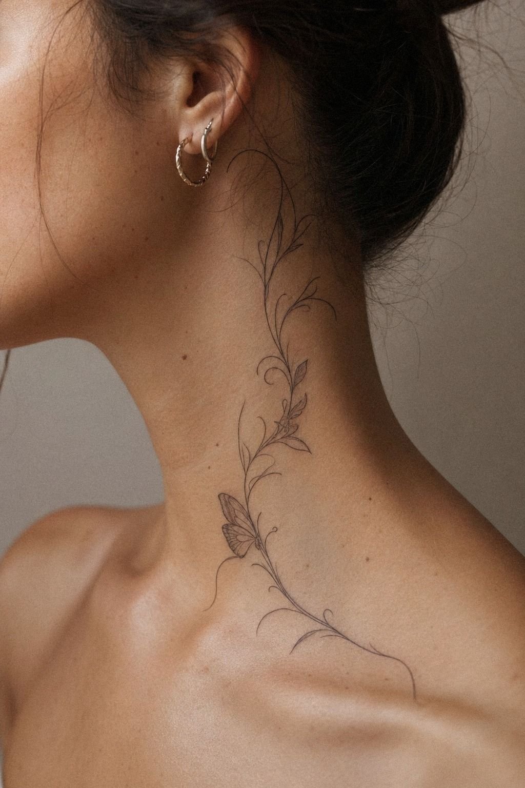 Side Neck Tattoo With Butterfly Detail