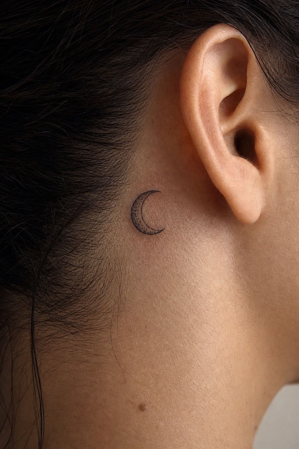 Tiny Half Moon Behind The Ear Tattoo