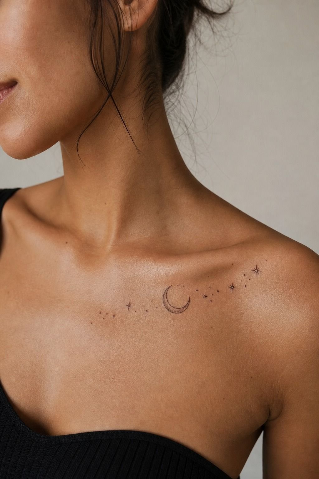 Half Moon And Stars Collarbone Tattoo