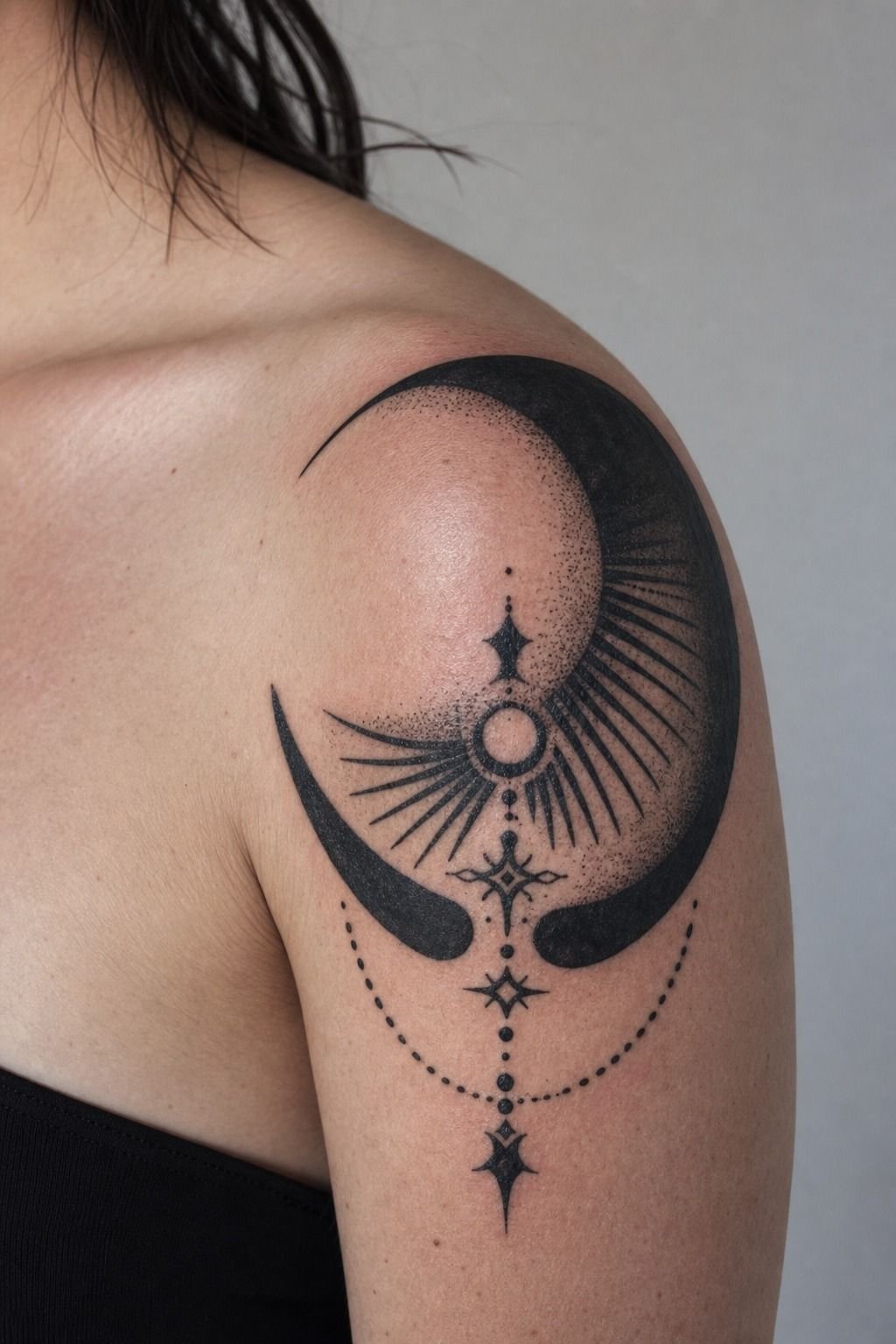 Blackwork Half Moon Shoulder Tattoo