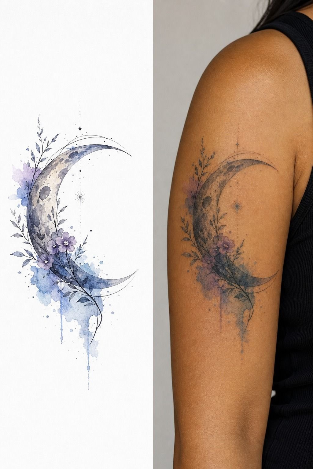 Watercolor Half Moon Upper Arm Tattoo