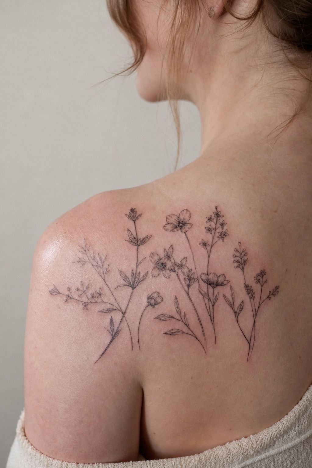 Fine-Line Wildflowers Across the Back Shoulder