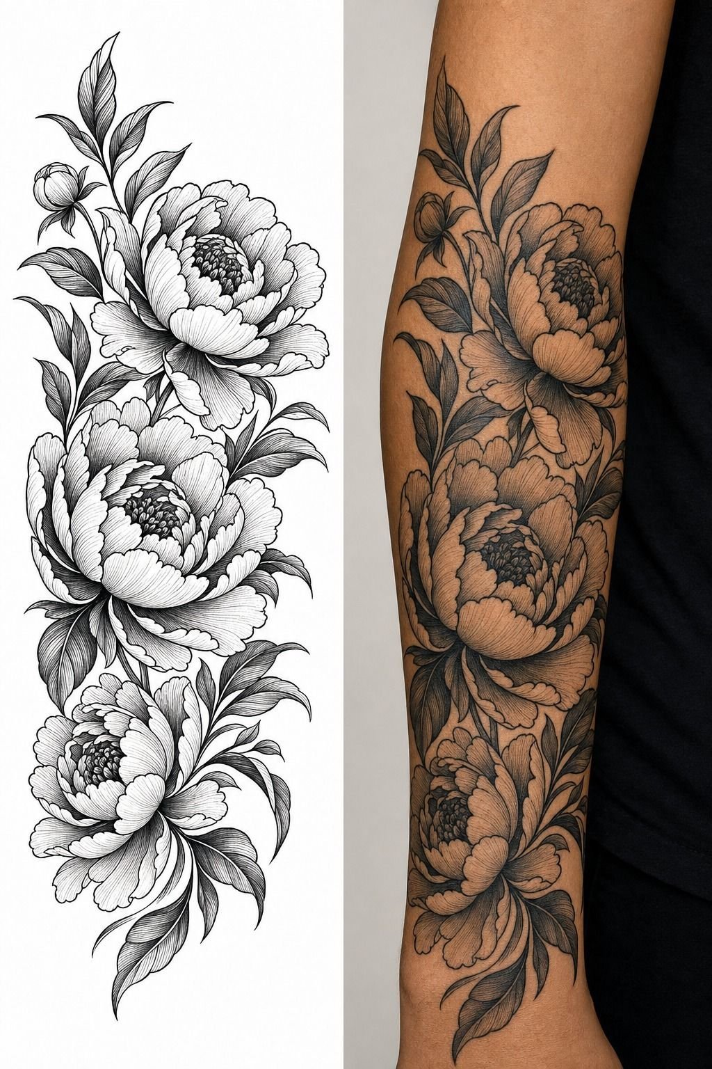 Blackwork Peony Quarter Sleeve Tattoo