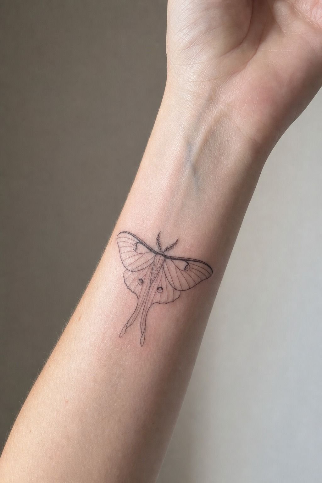 Fine Line Luna Moth Wrist Tattoo