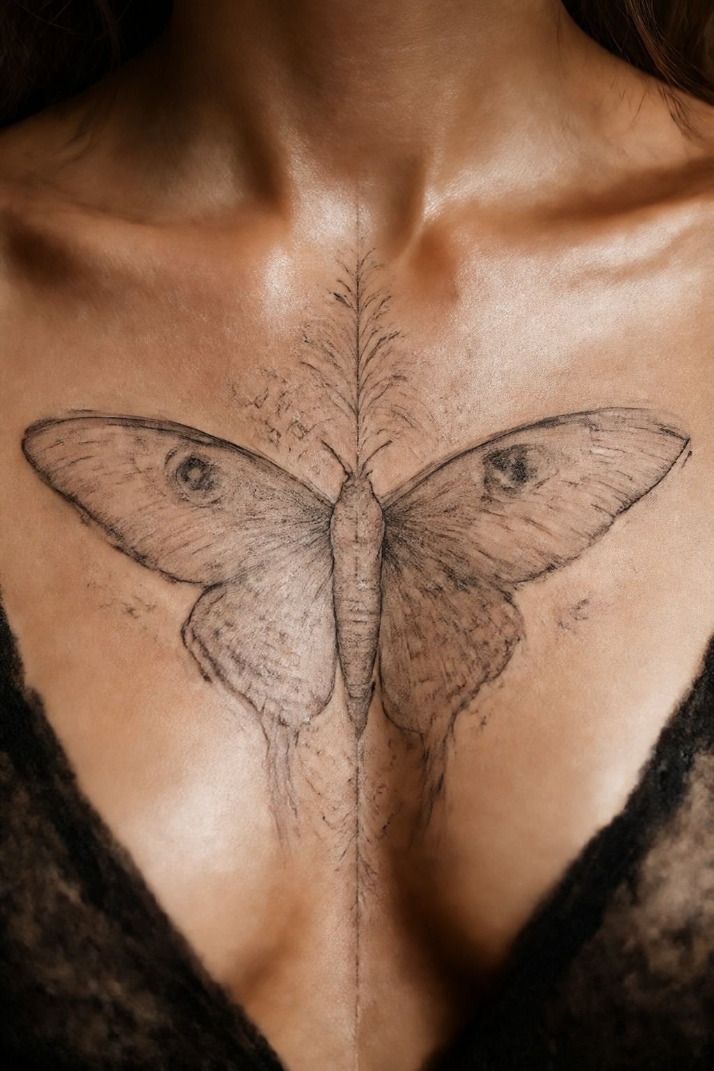 Blackwork Luna Moth Sternum Tattoo