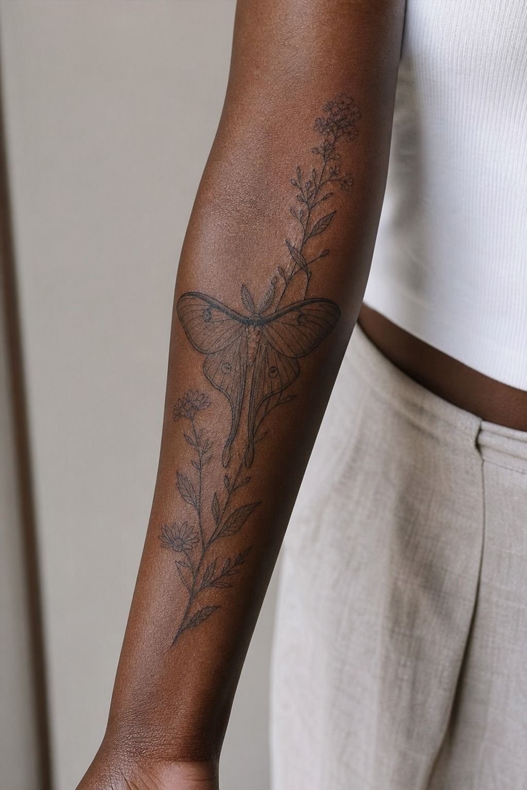 Botanical Luna Moth Tattoo With Wildflowers