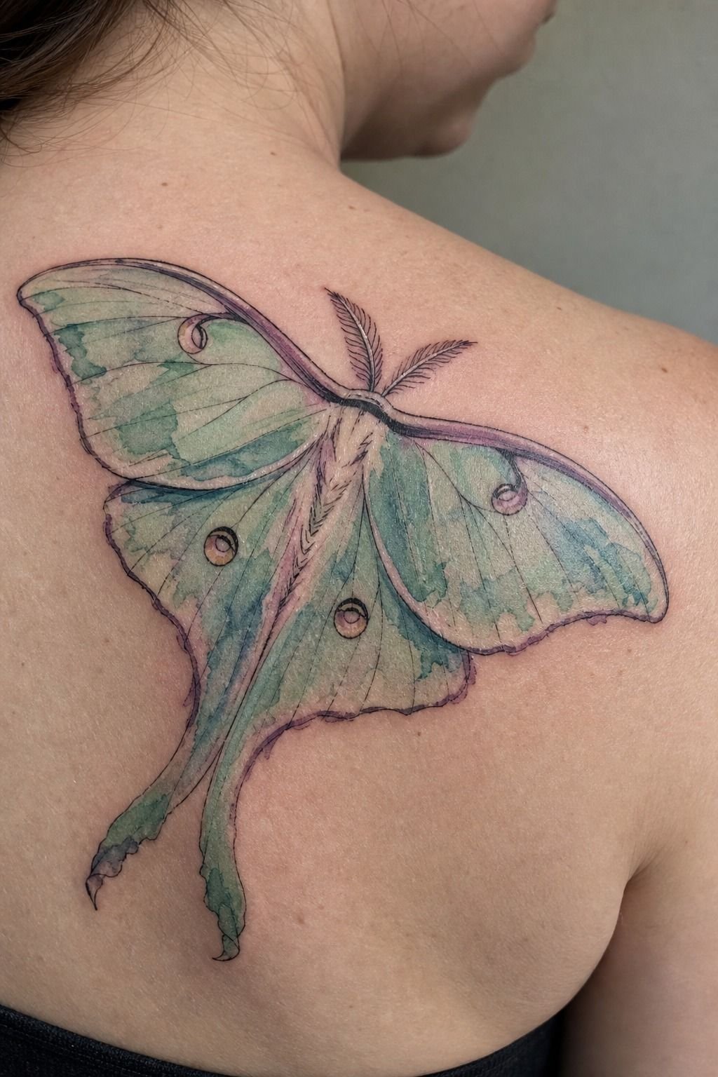 Watercolor Luna Moth Shoulder Blade Tattoo