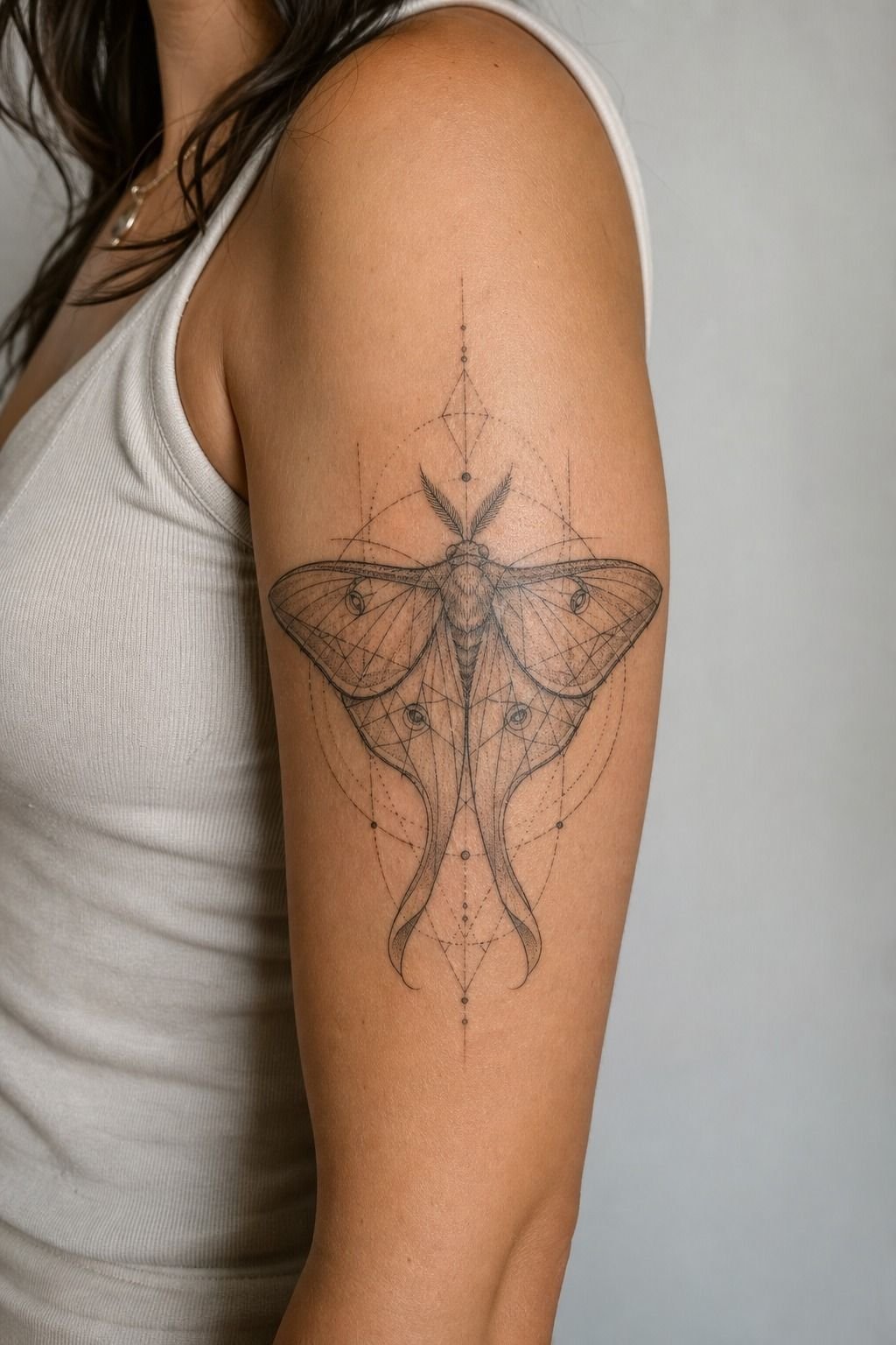 Geometric Luna Moth Upper Arm Tattoo