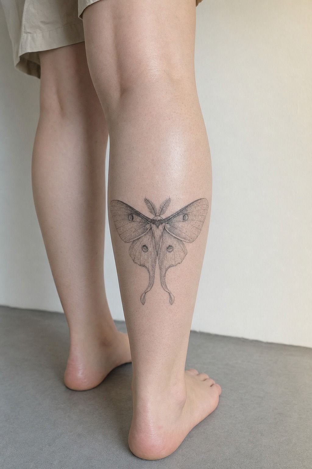 Dotwork Luna Moth Calf Tattoo