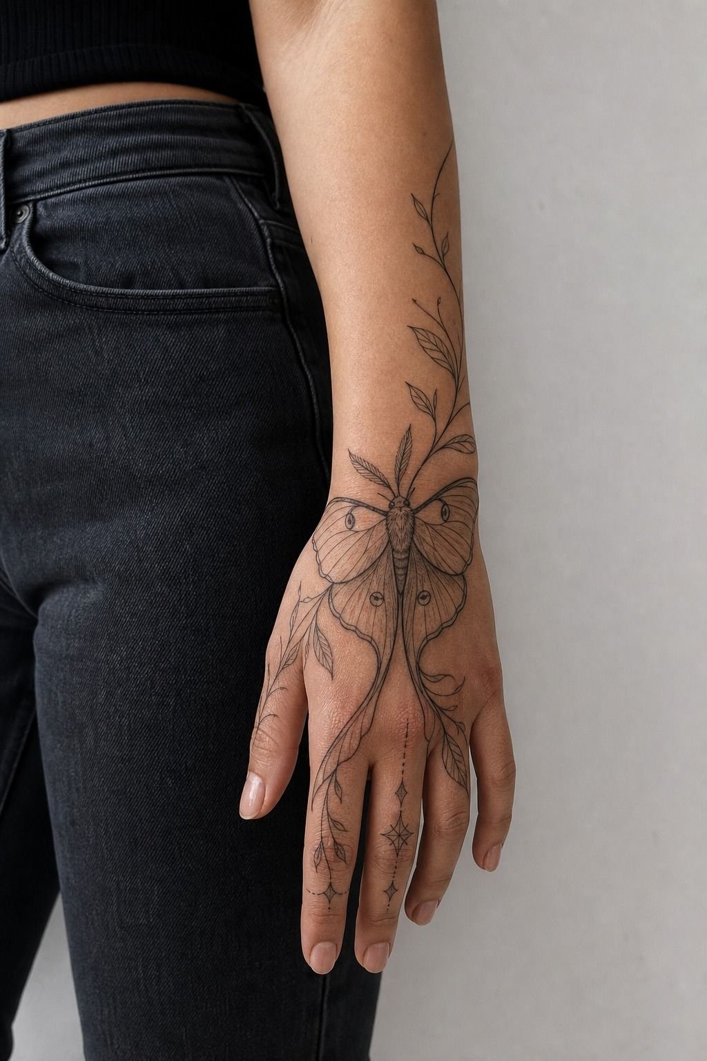 Luna Moth Hand Tattoo With Clean Lines