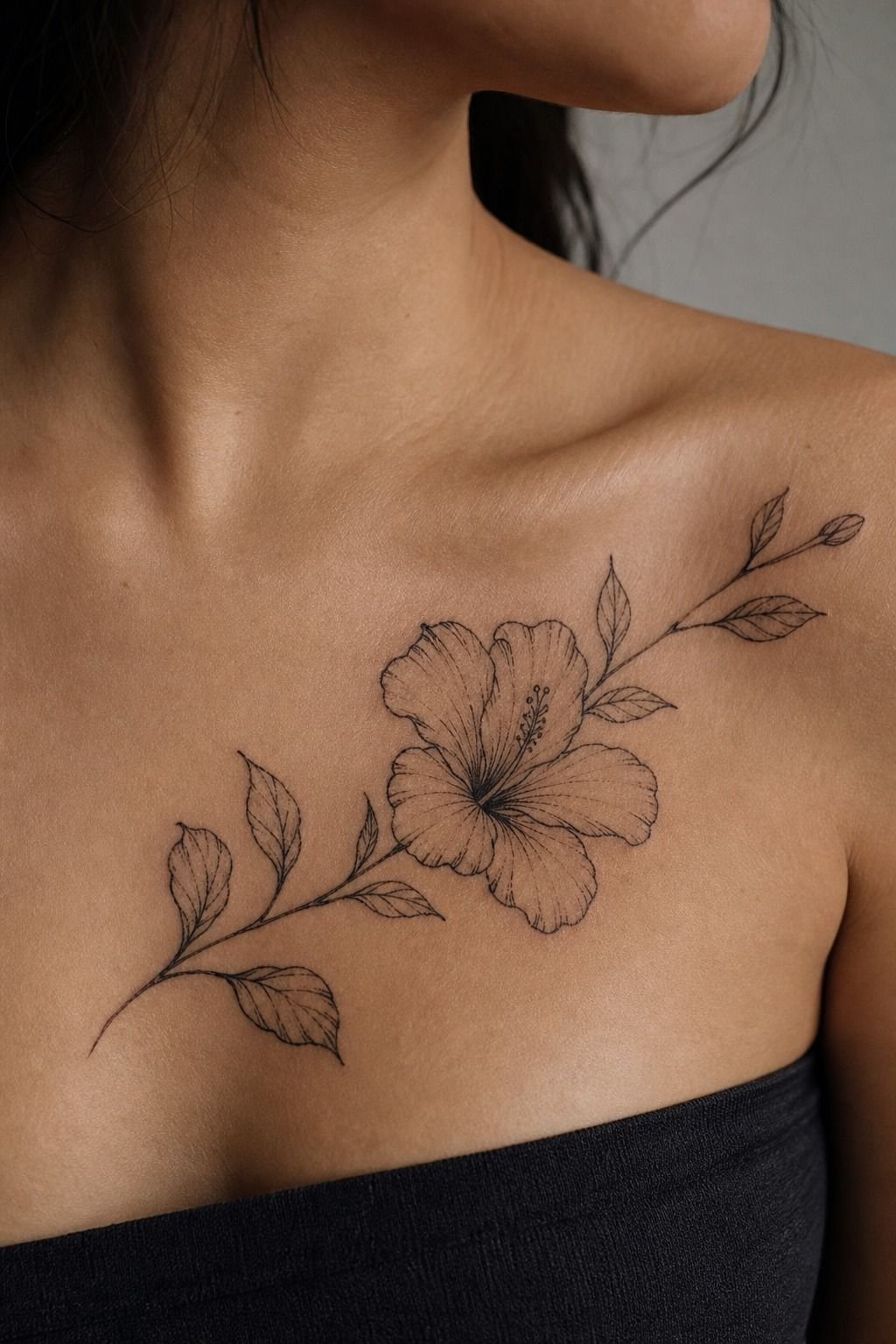 Single Needle Hibiscus Collarbone Tattoo