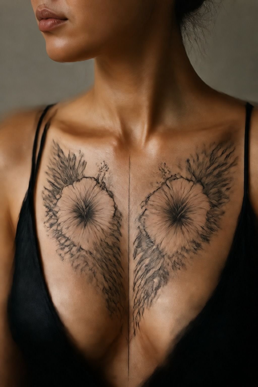 Blackwork Hibiscus Sternum Tattoo