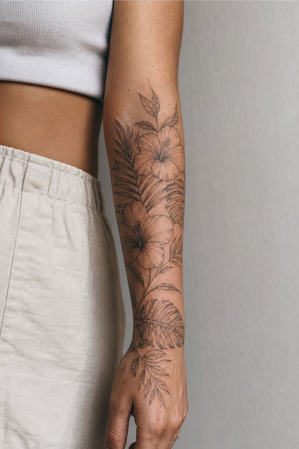 Hibiscus Tattoo Sleeve With Tropical Leaves