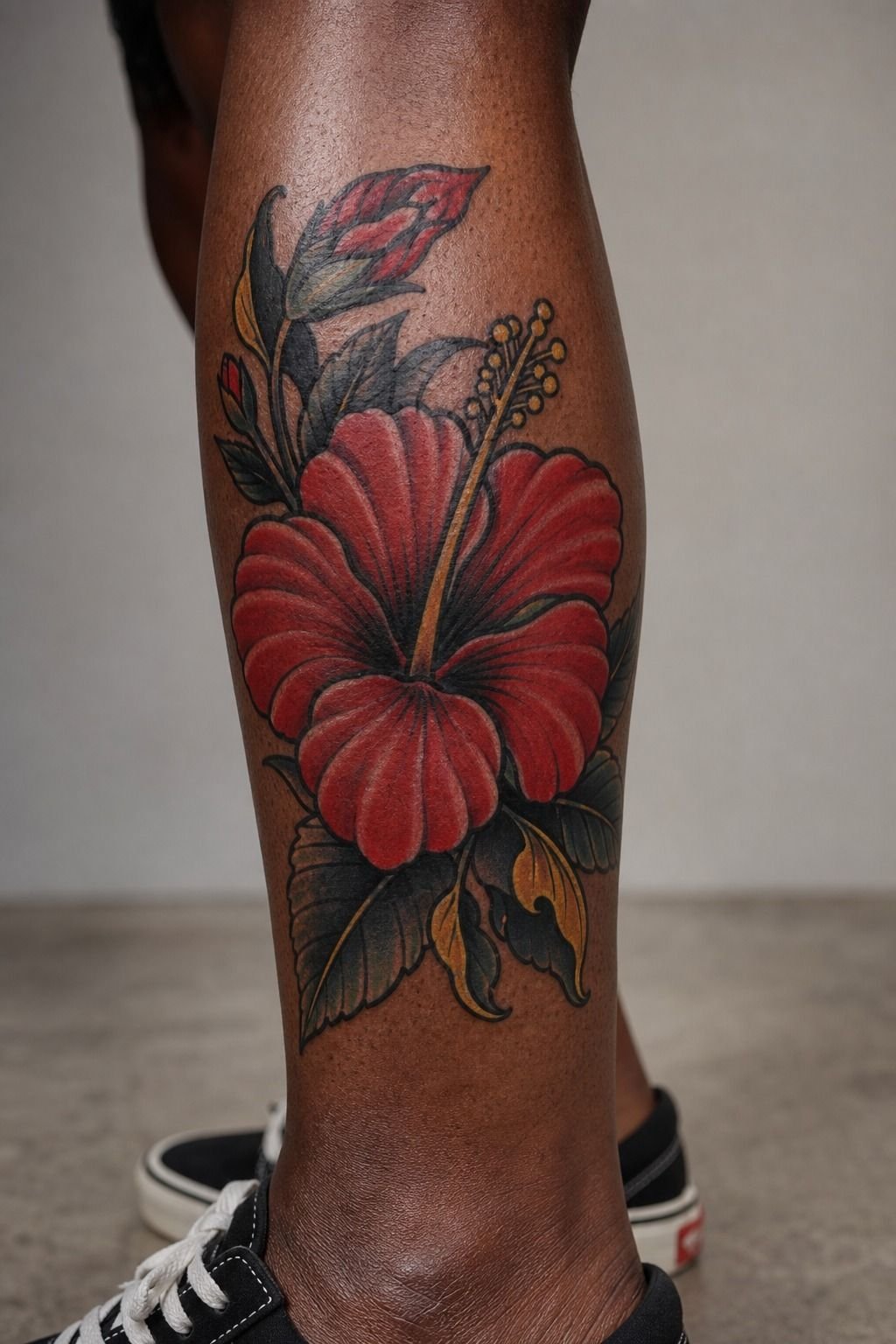 Bold Traditional Hibiscus Calf Tattoo