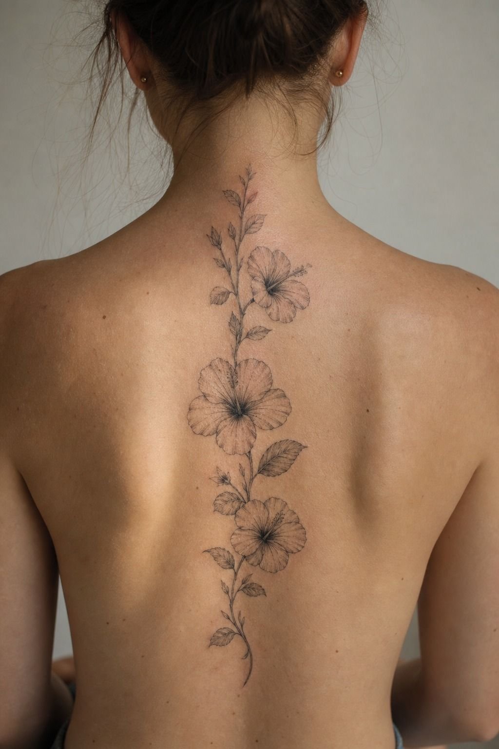 Hibiscus Spine Tattoo With Soft Shading