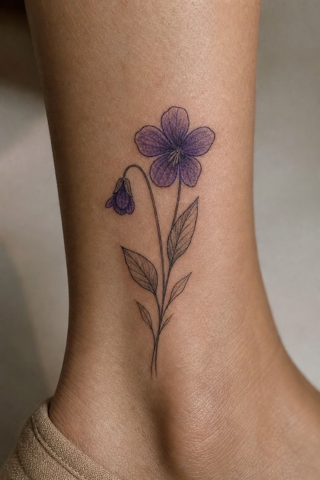 February Violet Minimalist Ankle Tattoo