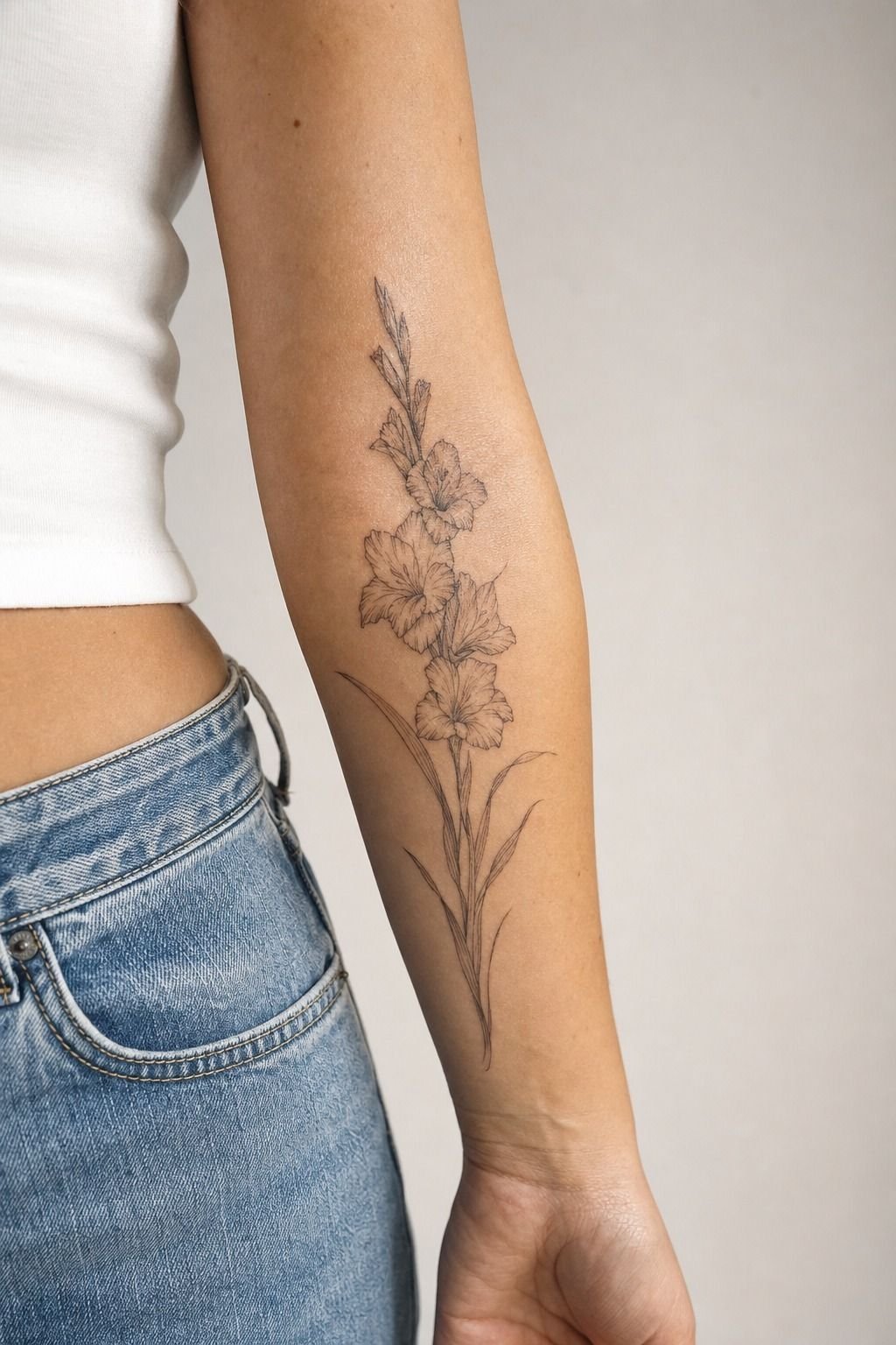 August Gladiolus Botanical Forearm Tattoo